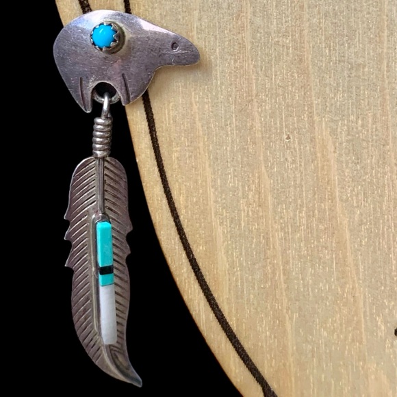 Native American Navajo Sterling Turquoise Mosaic Stone Feather Bear Earrings - Picture 2 of 7
